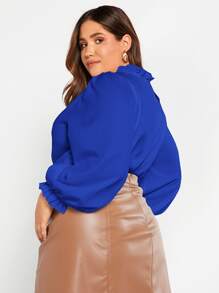 SHEIN Privé Plus Frill Trim Lantern Sleeve Top - Royal Blue - View 4
