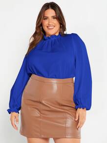 SHEIN Privé Plus Frill Trim Lantern Sleeve Top - Royal Blue - View 7