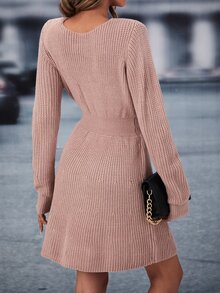 Lace Up Front Sweater Dress - Dusty Pink - View 3