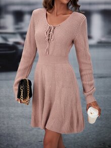 Lace Up Front Sweater Dress - Dusty Pink - View 4