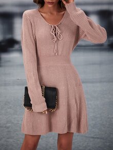 Lace Up Front Sweater Dress - Dusty Pink - View 5