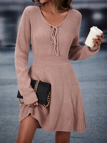 Lace Up Front Sweater Dress - Dusty Pink - View 2