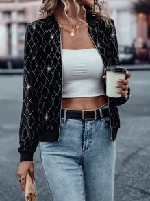 SHEIN LUNE Zip Up Bomber Jacket - Black - View 3