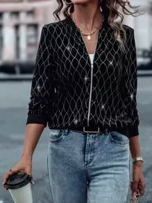 SHEIN LUNE Zip Up Bomber Jacket - Black - View 1