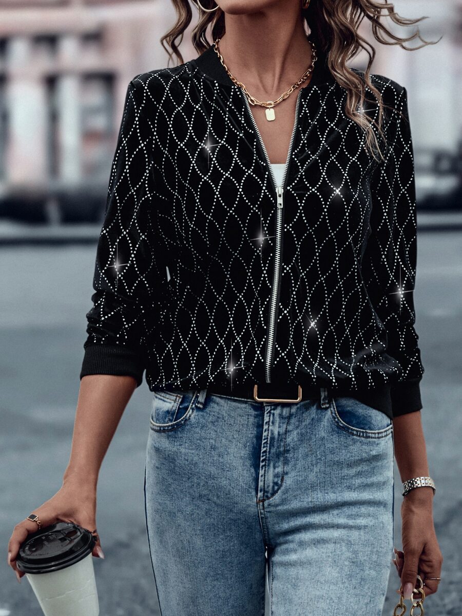 SHEIN LUNE Zip Up Bomber Jacket - Black - View 1