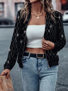 SHEIN LUNE Zip Up Bomber Jacket - Black - View 5