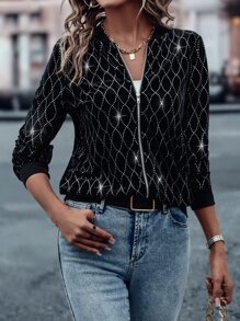 SHEIN LUNE Zip Up Bomber Jacket - Black - View 6