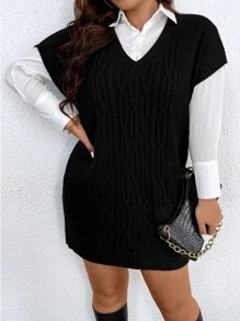 SHEIN LUNE Plus Batwing Sleeve Cable Knit Jumper Dress Without Blouse - Black - View 5