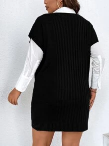 SHEIN LUNE Plus Batwing Sleeve Cable Knit Jumper Dress Without Blouse - Black - View 2