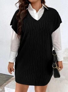 SHEIN LUNE Plus Batwing Sleeve Cable Knit Jumper Dress Without Blouse - Black - View 3