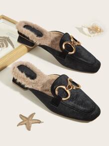 Metal Decor Velvet Thermal Lined Flat Mules - Black - View 1