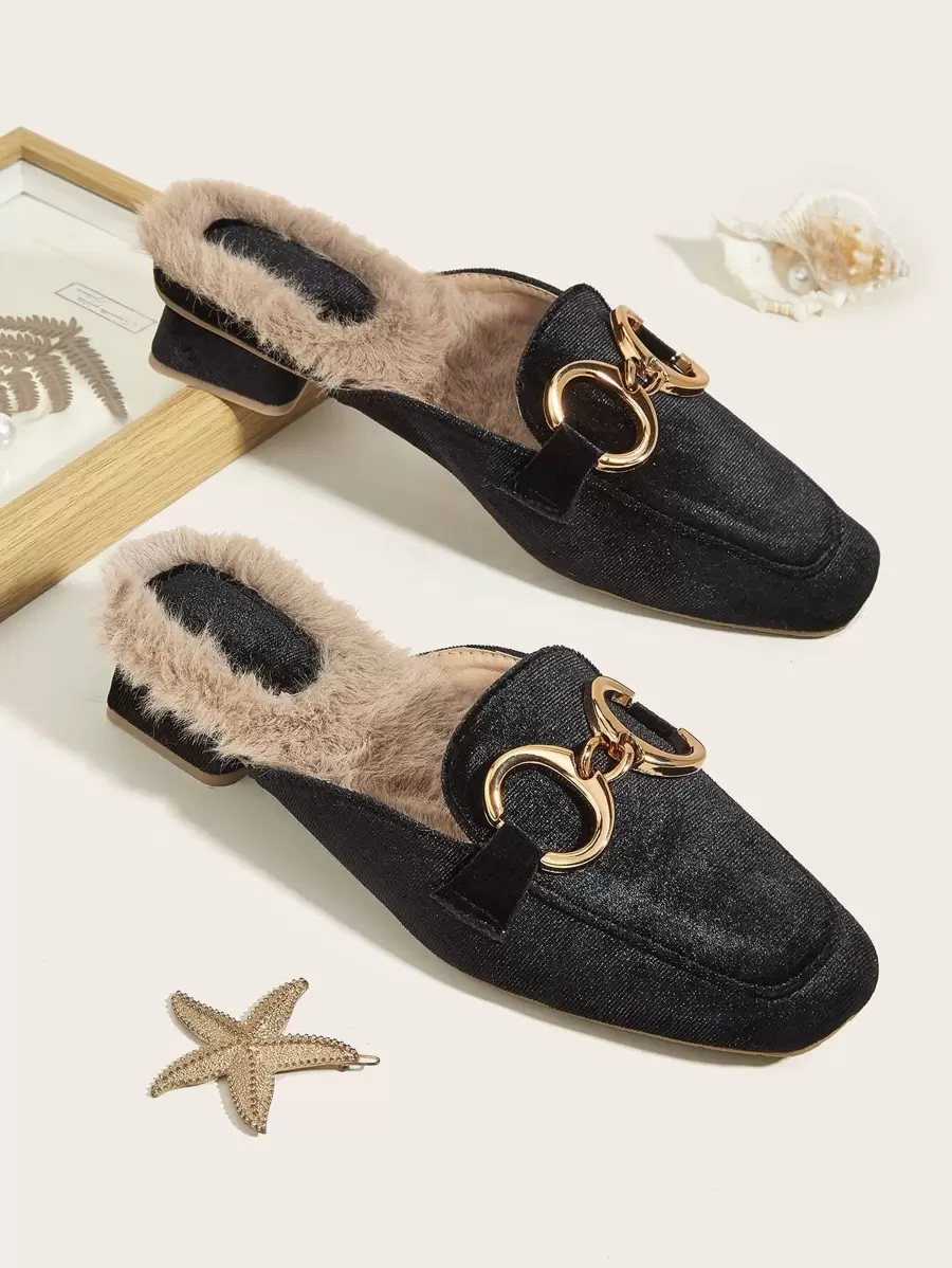 Metal Decor Velvet Thermal Lined Flat Mules - Black - View 1