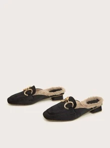 Metal Decor Velvet Thermal Lined Flat Mules - Black - View 3