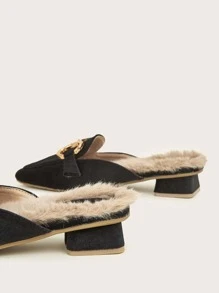 Metal Decor Velvet Thermal Lined Flat Mules - Black - View 4