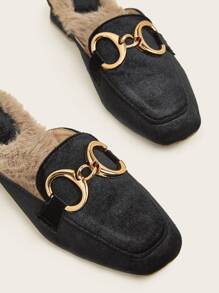 Metal Decor Velvet Thermal Lined Flat Mules - Black - View 5