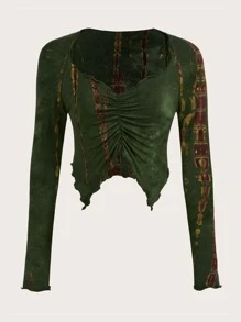 SHEIN ICON 頹廢搖滾紮染褶邊木耳邊T恤 - 軍綠色 - 查看 1