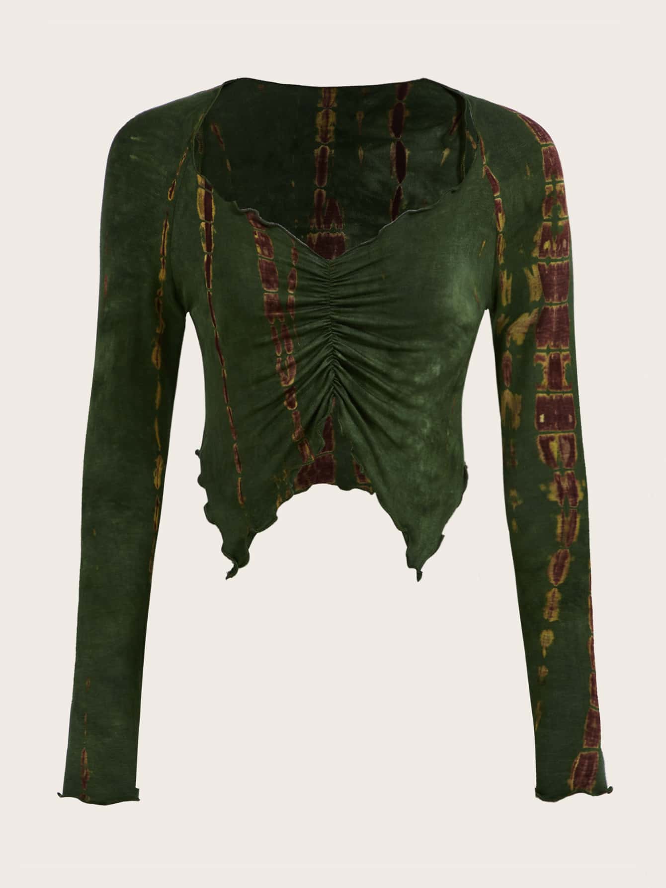 SHEIN ICON 頹廢搖滾紮染褶邊木耳邊T恤 - 軍綠色 - 查看 1