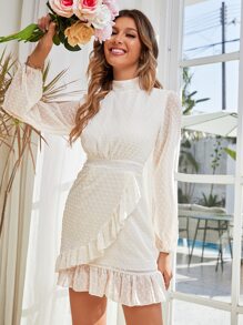 SHEIN Belle Đầm Viên lá sen Trọn gói màu trơn Thanh lịch - Màu be - Xem 4