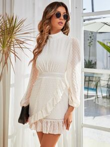 SHEIN Belle Đầm Viên lá sen Trọn gói màu trơn Thanh lịch - Màu be - Xem 7