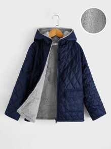 SHEIN 男孩翻蓋口袋毛絨內襯連帽幾何格紋絎縫外套