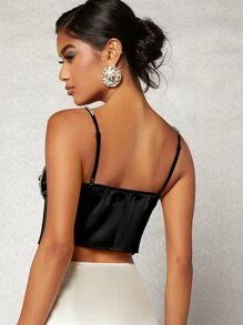 SHEIN BAE Cut Out Rhinestone Chain Strap Twist Front Satin Cami Top - Black - View 2