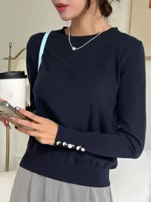 DAZY 女士纯色圆领长袖休闲商务针织毛衣，秋季服装 - 藏蓝色 - 查看 2