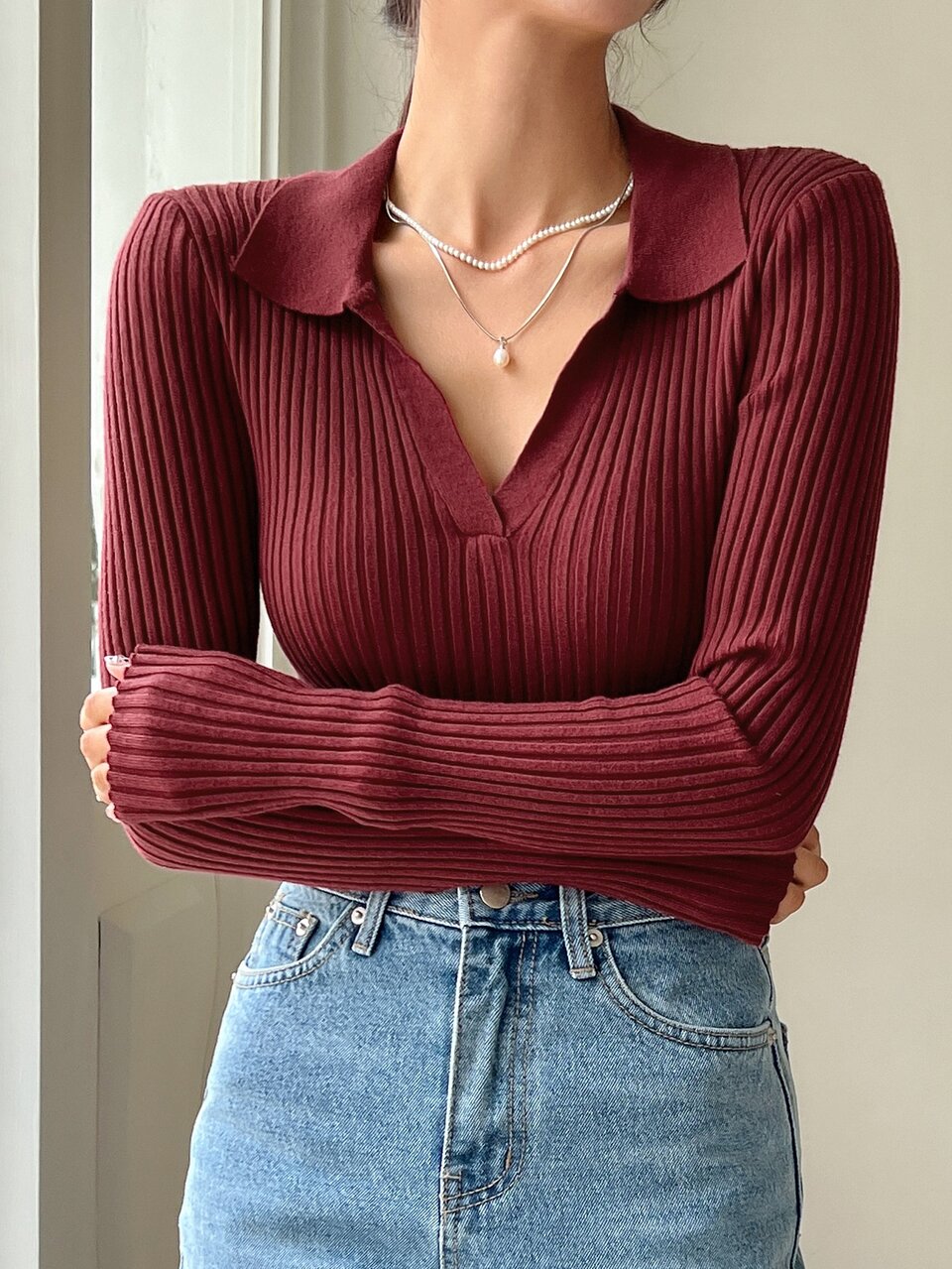Women's Solid Color Crew Neck Long Sleeve Business Casual Sweater,Long Sleeve Tops,Fall Clothes