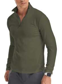 NITAGUT Men Solid Zipper Detail Tee - Army Green - View 3