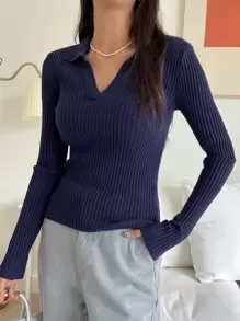 DAZY Suéter delgado liso de cuello con manga larga, casual de otoño/invierno, azul marino viscosa para primavera/otoño, básico para mujeres - Azul Marino - Ver 4
