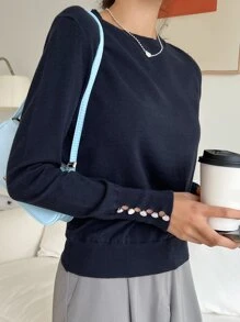 DAZY 女士纯色圆领长袖休闲商务针织毛衣，秋季服装 - 藏蓝色 - 查看 5