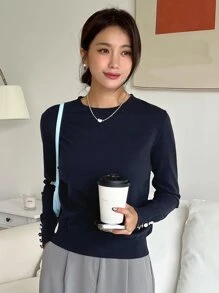 DAZY 女士纯色圆领长袖休闲商务针织毛衣，秋季服装 - 藏蓝色 - 查看 6