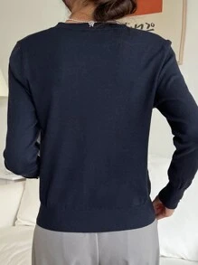 DAZY 女士纯色圆领长袖休闲商务针织毛衣，秋季服装 - 藏蓝色 - 查看 7