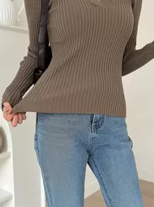 DAZY Suéter de mujer de unicolor con cuello polo y manga larga, estilo casual de negocios, para otoño, tops de manga larga, ropa de mujer de otoño