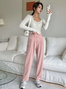 DAZY High Waist Plicated Detail Pants - Dusty Pink - View 7