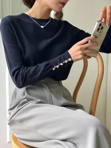 DAZY 女士纯色圆领长袖休闲商务针织毛衣，秋季服装 - 藏蓝色 - 查看 8