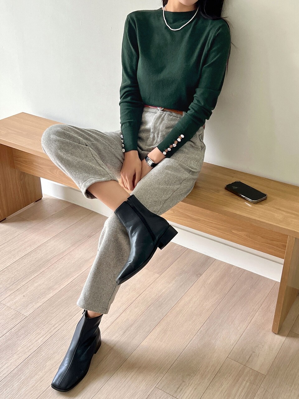 Button Cuff Round Neck Sweater
