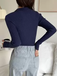 DAZY Suéter delgado liso de cuello con manga larga, casual de otoño/invierno, azul marino viscosa para primavera/otoño, básico para mujeres - Azul Marino - Ver 9