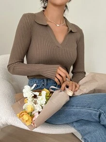 DAZY Suéter de mujer de unicolor con cuello polo y manga larga, estilo casual de negocios, para otoño, tops de manga larga, ropa de mujer de otoño