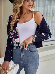 SHEIN Clasi Floral Print Gigot Sleeve Open Front Jacket In Fall/Winter - Navy Blue - View 5