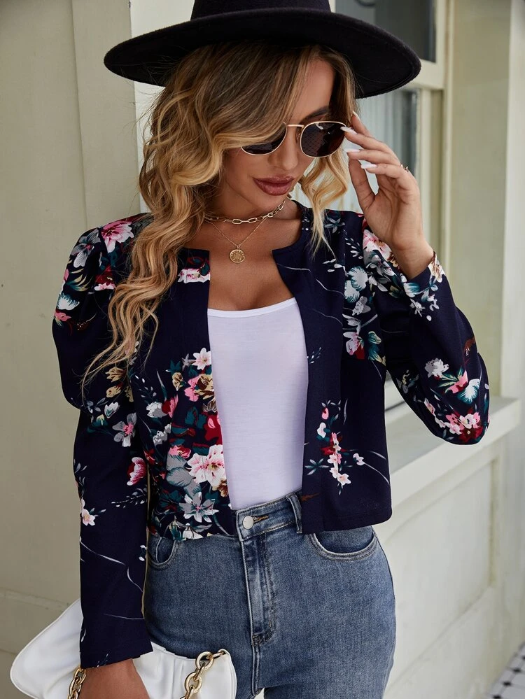 Floral Print Gigot Sleeve Open Front Jacket In Fall/Winter