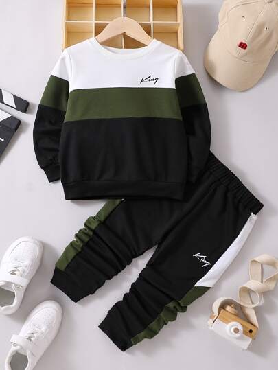 SHEIN Young Boy Letter Graphic Colorblock Sweatshirt & Sweatpants Boys Two Pieces Setsboys Jogging Setsensemble Jogging Garconboys 2 Pieces Sets Chic Outfits For Autumn/Winter