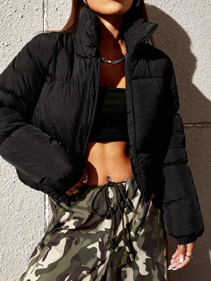 SHEIN EZwear 冬季纯色拉链夹棉大衣 - 黑色 - 查看 1