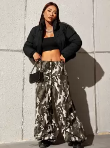 SHEIN EZwear 冬季纯色拉链夹棉大衣 - 黑色 - 查看 4