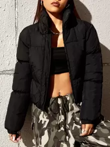 SHEIN EZwear 冬季纯色拉链夹棉大衣 - 黑色 - 查看 5
