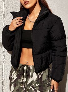 SHEIN EZwear 冬季纯色拉链夹棉大衣 - 黑色 - 查看 6