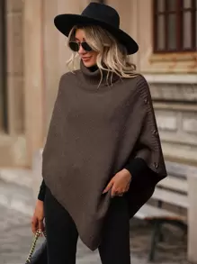 SHEIN LUNE Turtleneck Button Detail Asymmetrical Hem Knit Poncho Jumper - Coffee Brown - View 1