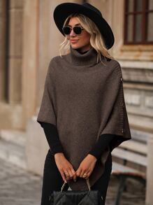 SHEIN LUNE Turtleneck Button Detail Asymmetrical Hem Knit Poncho Jumper - Coffee Brown - View 3