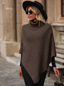 SHEIN LUNE Turtleneck Button Detail Asymmetrical Hem Knit Poncho Jumper - Coffee Brown - View 4