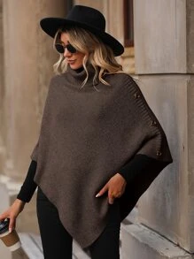 SHEIN LUNE Turtleneck Button Detail Asymmetrical Hem Knit Poncho Jumper - Coffee Brown - View 5