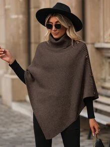 SHEIN LUNE Turtleneck Button Detail Asymmetrical Hem Knit Poncho Jumper - Coffee Brown - View 6